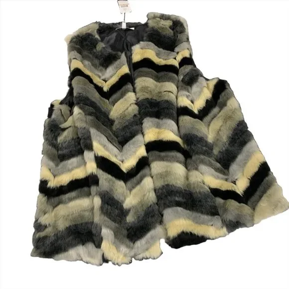 294 - Fever size 2X Black Combo Faux Fur Vest - Size 2X (black, cream, grey)